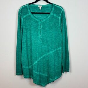 LOGO Lori Goldstein 100% Cotton Green Asymmetric Tunic Top Womens L Pockets Boho